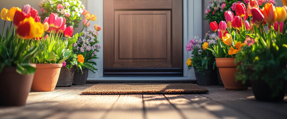 vibrant and inviting entrance adorned with colorful tulips and blooming flowers in pots, creating cheerful atmosphere. sunlight enhances beauty of scene, making it feel warm and welcoming