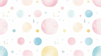 Watercolor pastel rainbow geometric circle dot shape simple repeat seamless pattern. Seamless border of pink, blue, yellow polka dots. Multicolored circle in soft pastel colors.