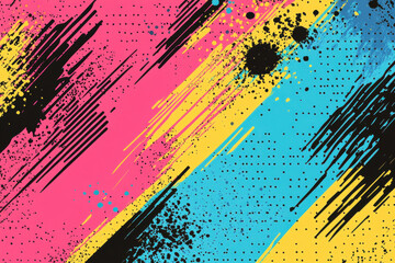 Bright and vibrant abstract background featuring bold strokes in pink, yellow, and blue, complemented by black splatters and dots, creating dynamic and energetic visual expression
