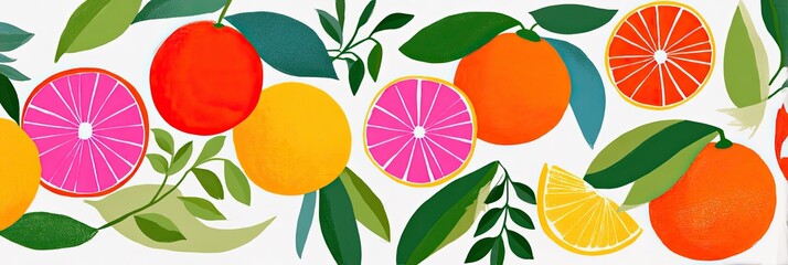 Colorful citrus fruits and leaves forming a vibrant and refreshing seamless pattern