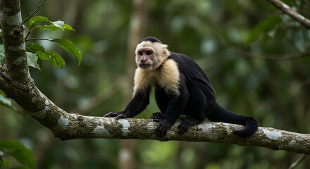 Obraz premium White Faced Capuchin Monkey Perched on a Tree Branch in Lush Green Rainforest