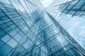 Obraz premium Stunning Architectural View of Glass Skyscrapers Reaching Towards a Blue Sky with Reflective Surfaces and Modern Design Elements