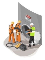 Industrial workers conducting safety inspection before entering confined space inside a large tank under supervisor guidance isometric cartoon © AllahFoto