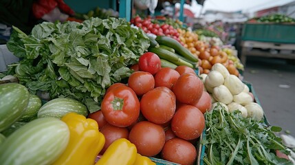Fresh produce overflowing from market stalls.  Vibrant display of various vegetables and fruits