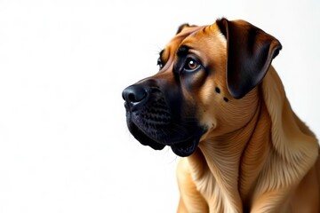 Obraz premium Noble Mastiff head shot, intense gaze, pure white backdrop, pet, canine portrait