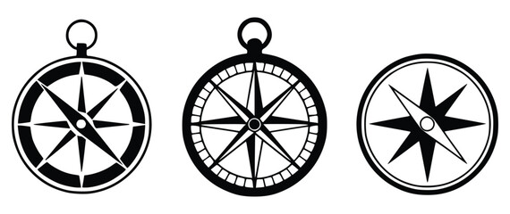 Three Compass Rose Illustrations Different Styles Black And White Isolated Elements