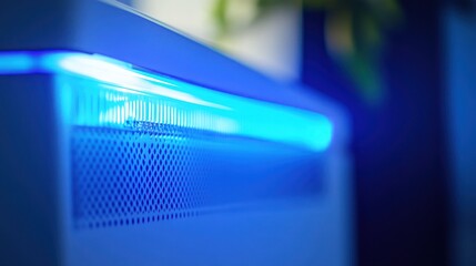 Close-up of cooling fan grill emitting a vibrant blue light in a modern device