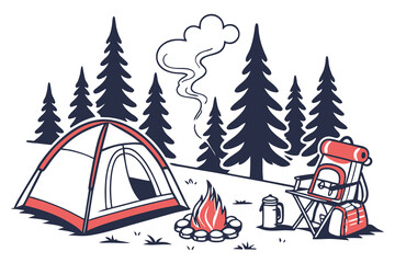 Snowy winter camping scene with a tent in the pine forest landscape