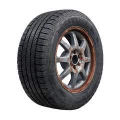 Obraz premium used car tire image, rusty alloy wheel photo, damaged vehicle tire