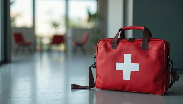 Red first aid kit with white cross sign rests on floor. Medical emergency, healthcare, safety, rescue concepts. Portable equipment supplies basic medical treatment, injury care in home or workplace.