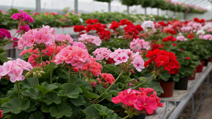 Naklejka premium Vibrant Pink and Red Geraniums in a Greenhouse Setting