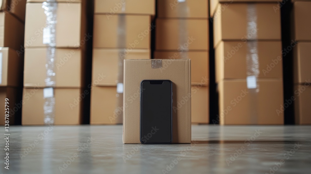 Poster smartphone rests on a cardboard box in a warehouse filled with stacked boxes.