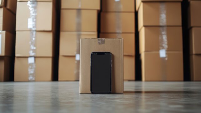 Smartphone rests on a cardboard box in a warehouse filled with stacked boxes.
