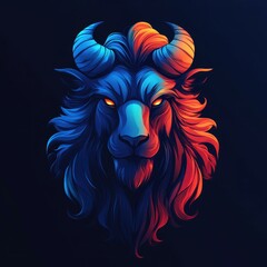 Vibrant blue and orange stylized lion head featuring detailed mane and glowing eyes creates a striking visual impact