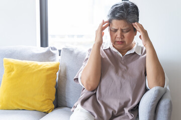Sick, stress caucasians senior. Mature, adult elderly woman having migraine pain, headache symptom,...
