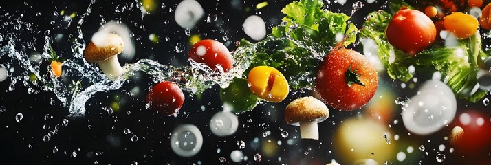 Fresh vegetables and mushrooms are suspended in air with water droplets on black.