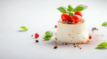 A creamy white dessert, possibly a panna cotta, is topped with cherry tomatoes and basil. It sits on a white surface with scattered spices and herbs. The high-quality image uses soft, natural lightin