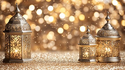 Ramadan lanterns, golden bokeh background