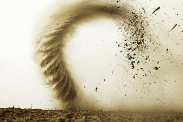 A swirling dust devil creates a vortex of sand and debris against a bright background.