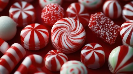 Obraz premium Festive assortment of red and white peppermint candies on a red background