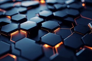 Obraz premium Abstract close-up of dark hexagonal tiles with glowing orange edges, creating a futuristic and technological background for designs and projects