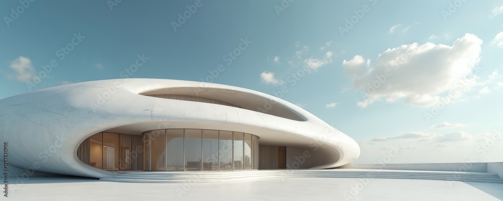 Poster Futuristic architecture building with cement curve shape, abstract background. Modern architectural design, minimalist exterior, empty urban space, innovation. Contemporary construction, exterior