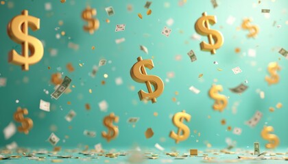 Illustration of golden dollar signs with confetti on pay day celebration. 3D render financial success wealth. Represents income profit savings investment reward capital exchange money financial