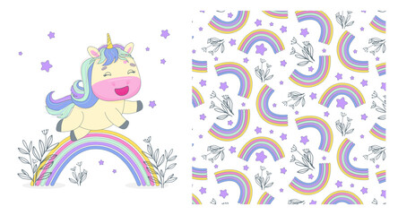 Vector illustration of a cheerful unicorn joyfully jumping over a rainbow, accompanied by whimsical decorative elements like stars and plants, creating a playful and magical atmosphere.