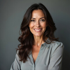 Fototapeta premium Beautiful brunette woman in 50s radiates charm. Healthy skin, styled hair. Attractive face displays confidence. Portrait illustrates natural beauty, mature elegance, feminine grace. Perfect for