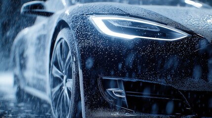 Luxury car in dramatic rain setting with illuminated headlights. Ideal for automotive, technology, and power themes.