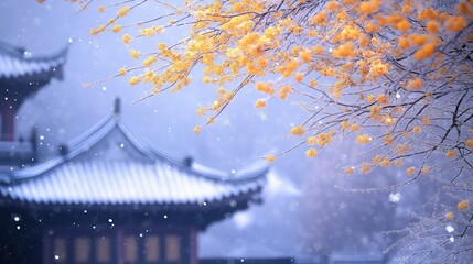 Serene winter scene with falling snow and East Asian building. Ideal for seasonal, travel, or cultural themes.