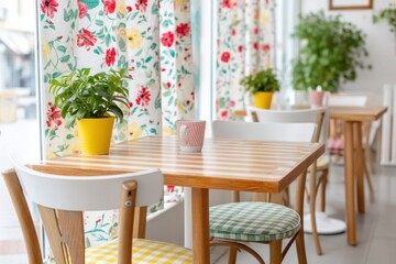 Cozy cafe interior with wooden tables, colorful chairs and floral curtains welcoming customers