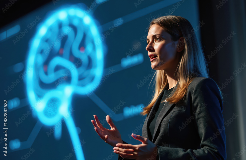 Fototapete female tech speaker discusses ai data machine learning product at startup event. woman presents in f