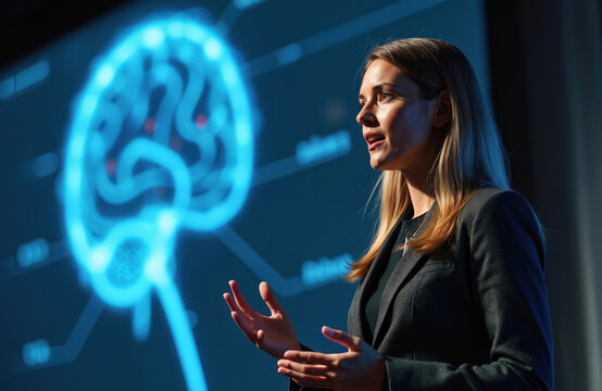 Female tech speaker discusses AI data machine learning product at startup event. Woman presents in front of a glowing brain graphic. Business conference, technology presentation.