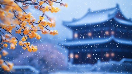 Serene winter scene with falling snow and East Asian building. Ideal for seasonal, travel, or cultural themes.