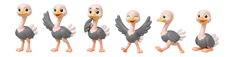 Ostrich in Action: A whimsical illustration captures a sequence of the ostrich's emotions and actions.