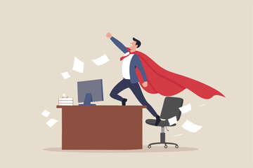 Effective work, productive office effort or efficiency, motivation to finish task or accomplishment, solution idea, performance or challenge concept, businessman superhero finish work on office desk.