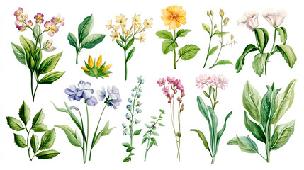 Digital stickers of pastel-colored flowers and leaves, vintage labels with white borders