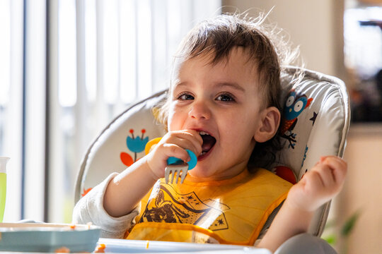 Smiling Toddler Boy Eating in High Chair During Sunlit Mealtime