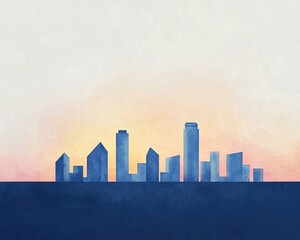 Naklejka premium A minimalist city skyline silhouetted against a pastel sunset, blending shades of blue and orange for a serene atmosphere.