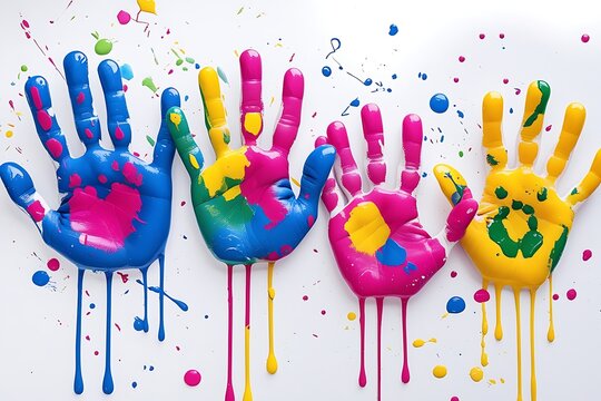 Colored kid's handprints on a white background with copy space. Collection of colorful hand prints, isolated on a white background. Handprints. Colored hands on white. - Powered by Adobe