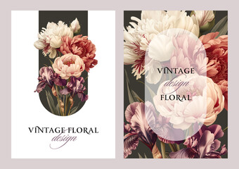Vintage vector illustration with peony and iris flowers on a changeable background. Floral design template for wedding invitation, greeting card, notebook cover, flyer or banner.