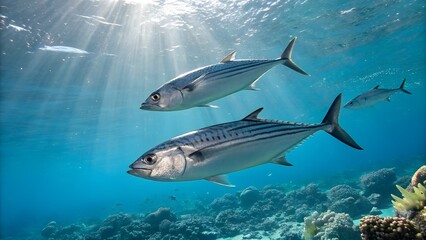 Fototapeta premium A high-resolution shot of tuna swimming over coral reefs, with sunlight filtering through the water.. Fish Atlantic bonito on white background.