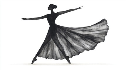 Obraz premium A silhouette of a graceful dancer in a flowing dress, capturing movement and elegance in a striking black and white composition.