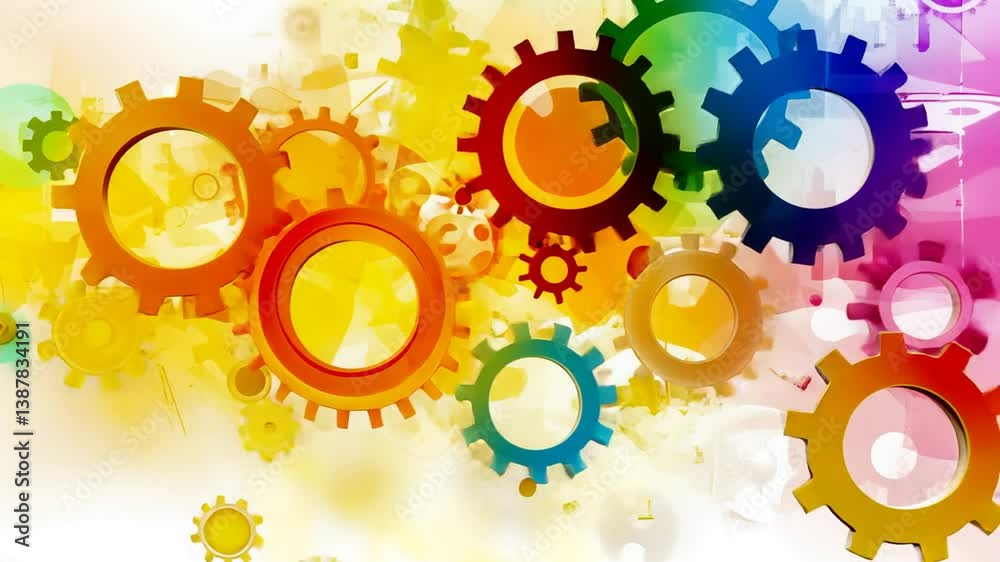 Poster business process automation with colorful gears and icons generative ai