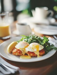 Delightful brunch featuring poached eggs, hollandaise sauce, and fresh greens served in a cozy eatery during a sunny morning
