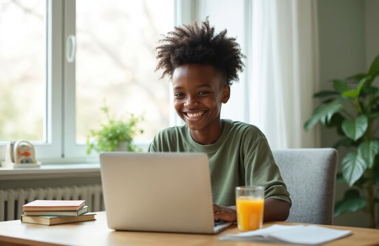 Happy black teen using laptop studying online at home. Smiling boy enjoys remote education, distant learning. E-learning, homeschooling, digital class, video call, online courses. Modern tech. Indoor - Powered by Adobe