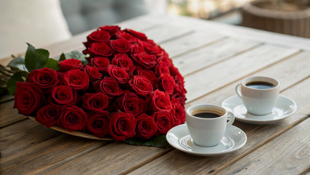 Romantic Heart-Shaped Rose Bouquet with Coffee Cups on Wooden Table