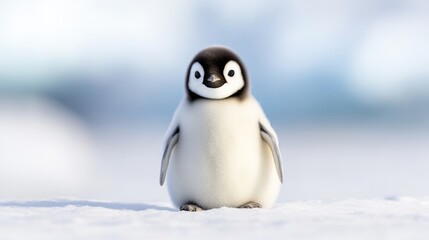 Fototapeta premium Emperor Penguin Chick on Snow Cute Wildlife Style High-resolution Focus Portrait Soft Fluff Standing Antarctic Background Cool White Tones Wildlife Conservation Image