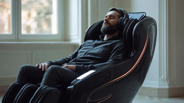 Men at home sleeping off in a massage chair, contemporary electric massager.